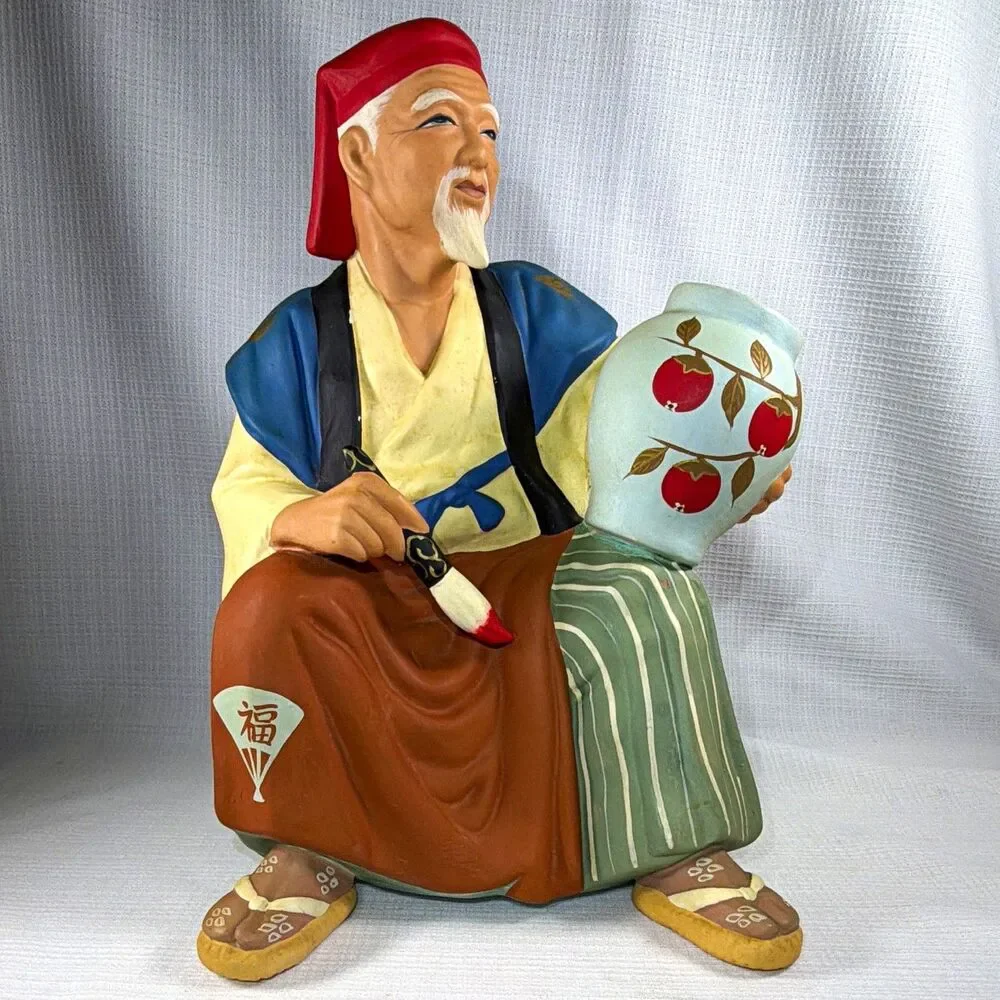 Vintage Sato Hakata Clay Doll Old Man Potter Artist Painting Vase Figurine 11”